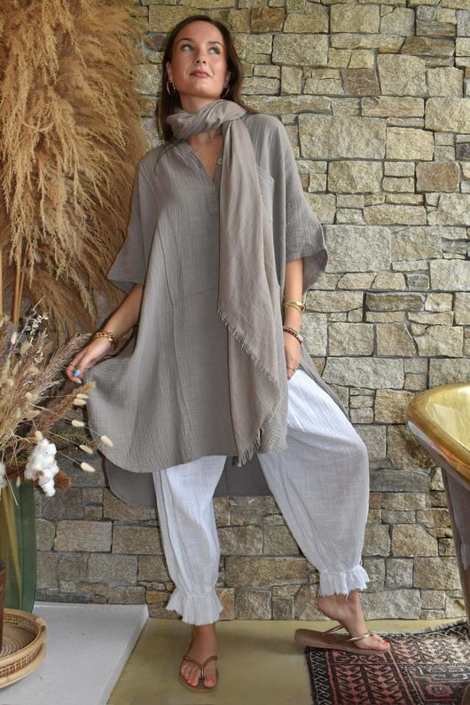 Tasha Cushion Cotton Oversized Shirt Tunic Mocha